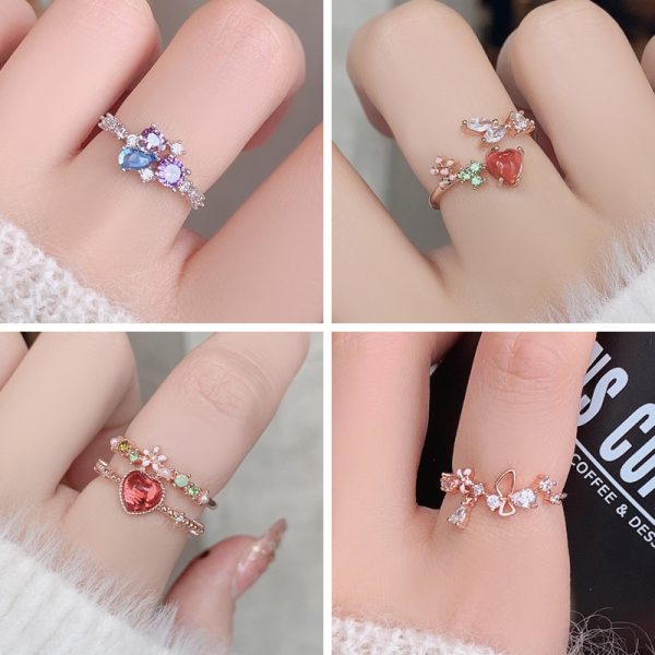 Korean style new style micro-inlaid crystal Zircon ring sweet French elegant flowers ring online influencer pop ornament - Image 2