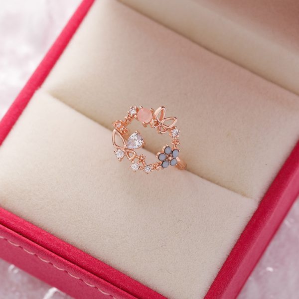 Japanese and Korean fashion rhinestone crystal Zircon flower ring micro-inlaid sweet all-matching love heart flowers opening ring bracelet - Image 7