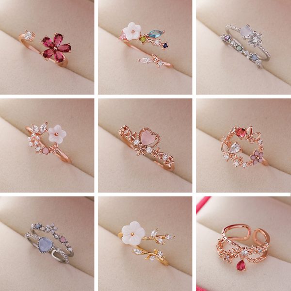 Japanese and Korean fashion rhinestone crystal Zircon flower ring micro-inlaid sweet all-matching love heart flowers opening ring bracelet - Image 2