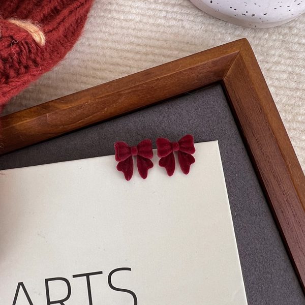 Retro wine red flocking earrings autumn and winter temperament Hong Kong style flower bow tie tassel earrings New Year wedding earrings - Image 16