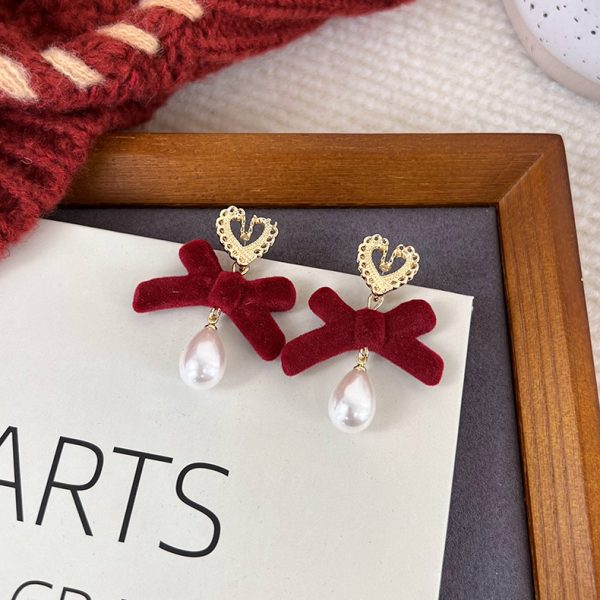 Retro wine red flocking earrings autumn and winter temperament Hong Kong style flower bow tie tassel earrings New Year wedding earrings - Image 14