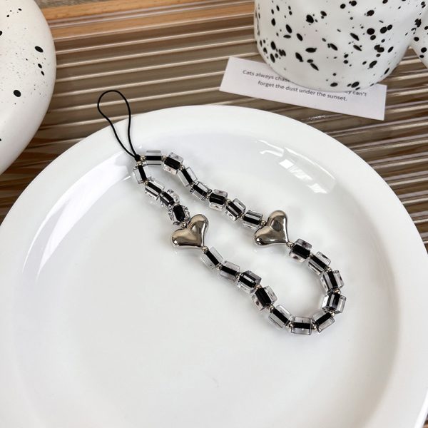 Black beaded mobile phone charm ins stringed pearls love phone lanyard short carrying strap drop-resistant phone ornaments - Image 9