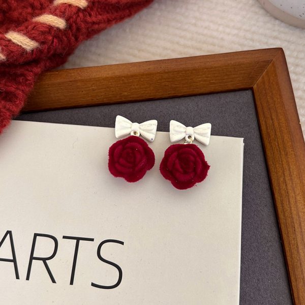 Retro wine red flocking earrings autumn and winter temperament Hong Kong style flower bow tie tassel earrings New Year wedding earrings - Image 7