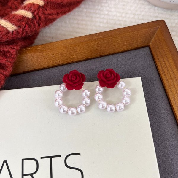 Retro wine red flocking earrings autumn and winter temperament Hong Kong style flower bow tie tassel earrings New Year wedding earrings - Image 17