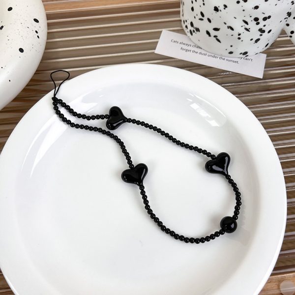 Black beaded mobile phone charm ins stringed pearls love phone lanyard short carrying strap drop-resistant phone ornaments - Image 6
