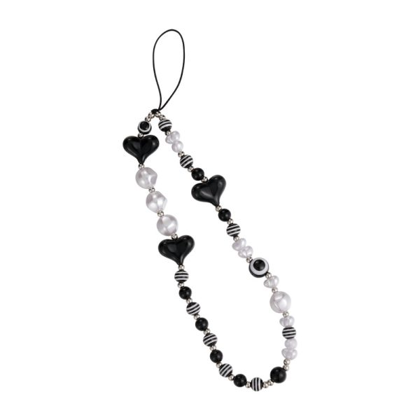 Black beaded mobile phone charm ins stringed pearls love phone lanyard short carrying strap drop-resistant phone ornaments - Image 5