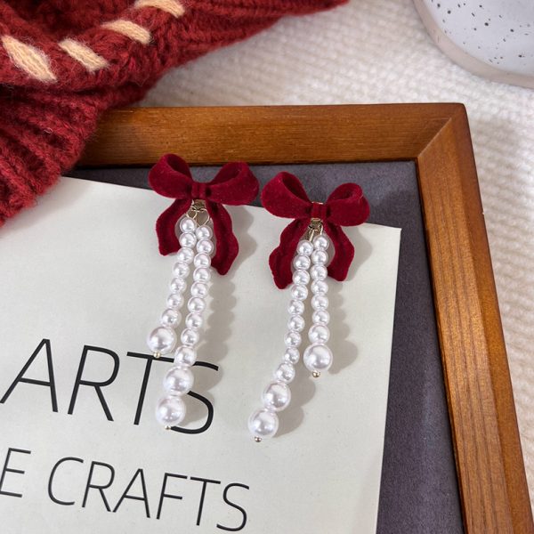 Retro wine red flocking earrings autumn and winter temperament Hong Kong style flower bow tie tassel earrings New Year wedding earrings - Image 21