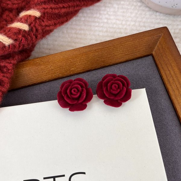 Retro wine red flocking earrings autumn and winter temperament Hong Kong style flower bow tie tassel earrings New Year wedding earrings - Image 5