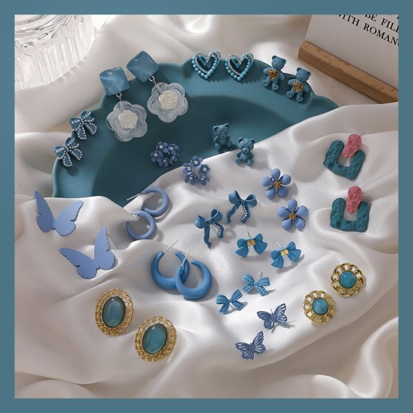 Blue color earrings artistic fresh haze blue flowers geometric all-match earrings ear studs sweet Instafamous ornament women