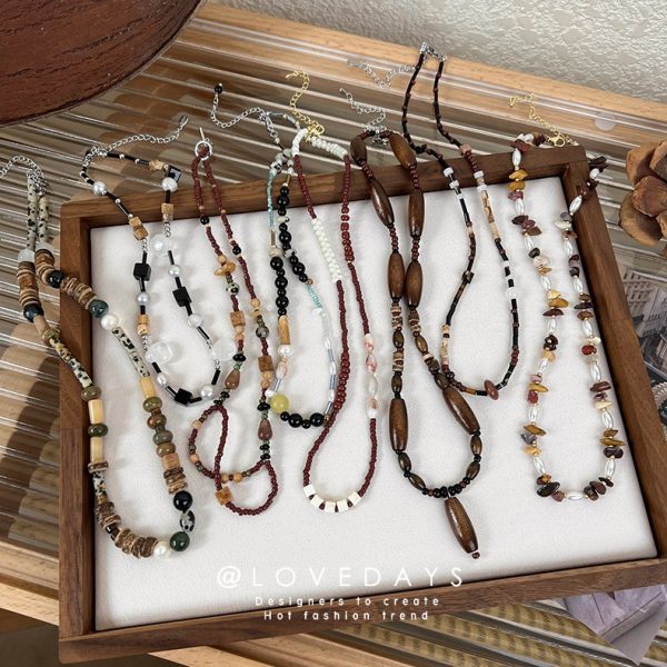 Retro new Chinese style brown necklace women's simple Chinese style all-match irregular beaded clavicle chain Cold style necklace - Image 2