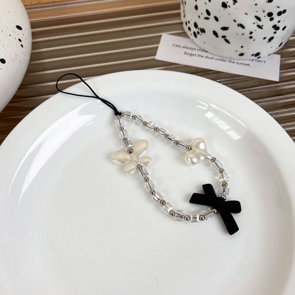 Black beaded mobile phone charm ins stringed pearls love phone lanyard short carrying strap drop-resistant phone ornaments - Image 11