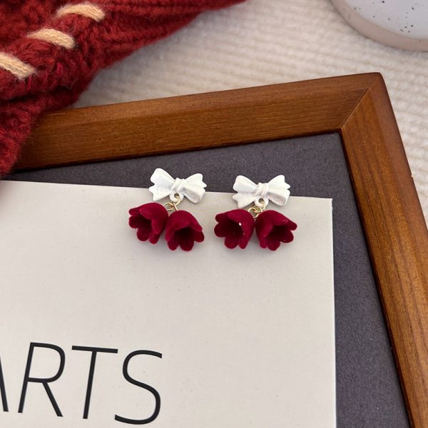 Retro wine red flocking earrings autumn and winter temperament Hong Kong style flower bow tie tassel earrings New Year wedding earrings - Image 6