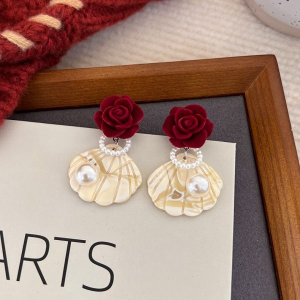 Retro wine red flocking earrings autumn and winter temperament Hong Kong style flower bow tie tassel earrings New Year wedding earrings - Image 19